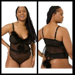 3X 22W 24W Black Marabou Flyaway Bralette Thong Set Lingerie 50s Pinup Sheer NWT